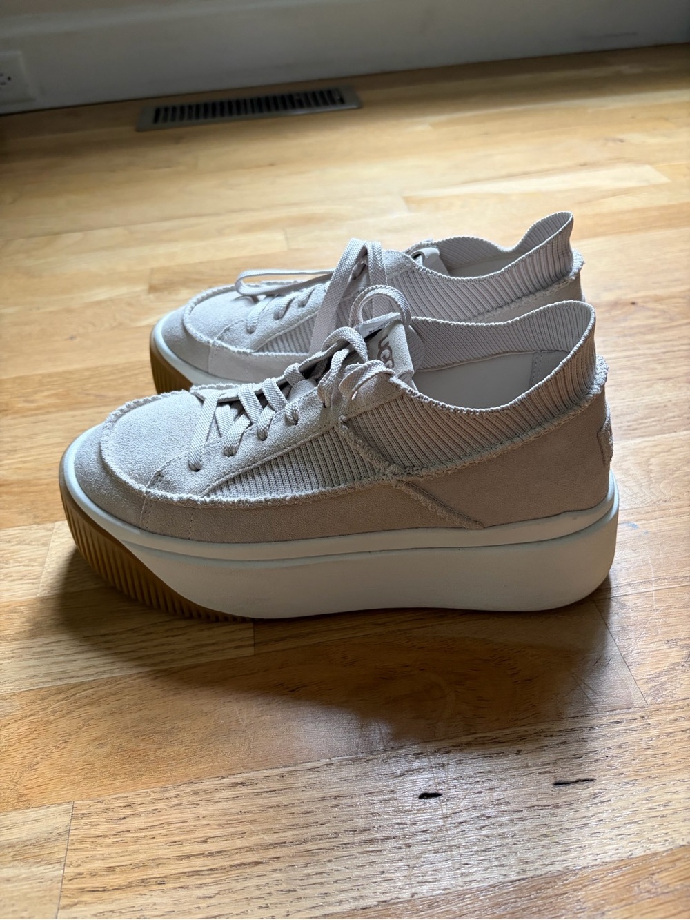UGG Women’s Platform Knit & Suede Sneaker — Light Beige 8.5